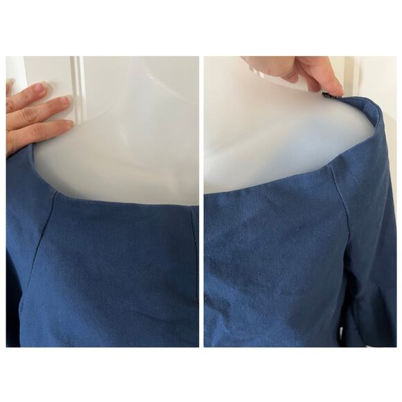 CQ BY CQ Linen Blouse Top Off The Shoulder Ruffle Embellishment 3/4 Sleeve Navy - Picture 8 of 14